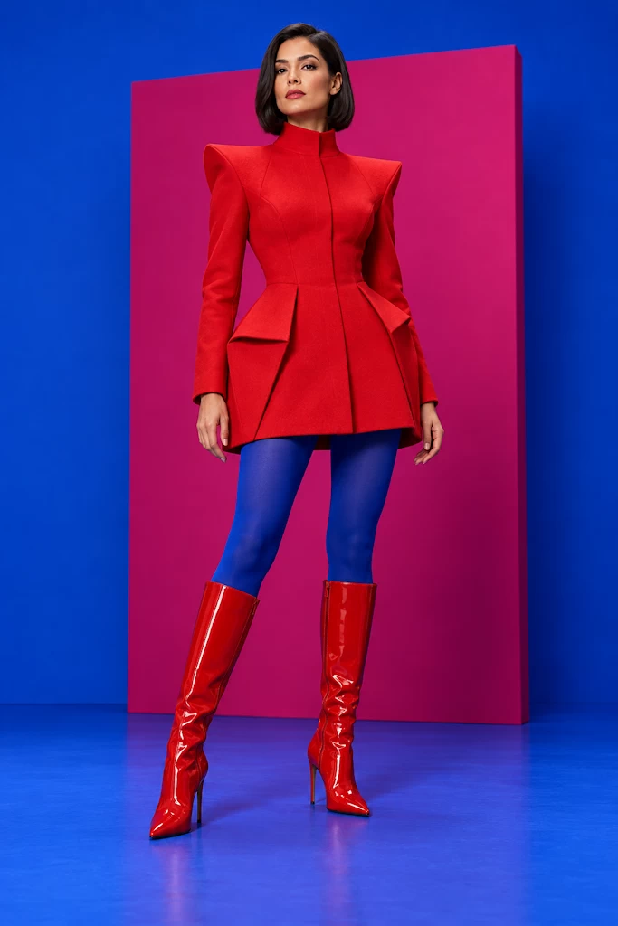 Model in a sculptural red mini coat and glossy crimson boots against a vibrant blue and magenta background
