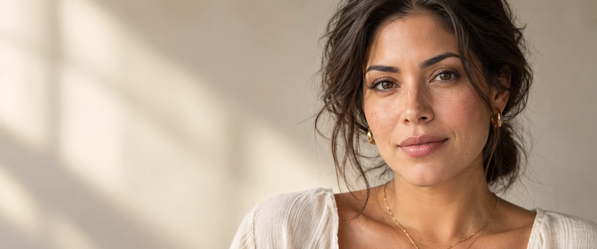 Retrato de belleza latina con piel natural, maquillaje suave y cabello recogido.