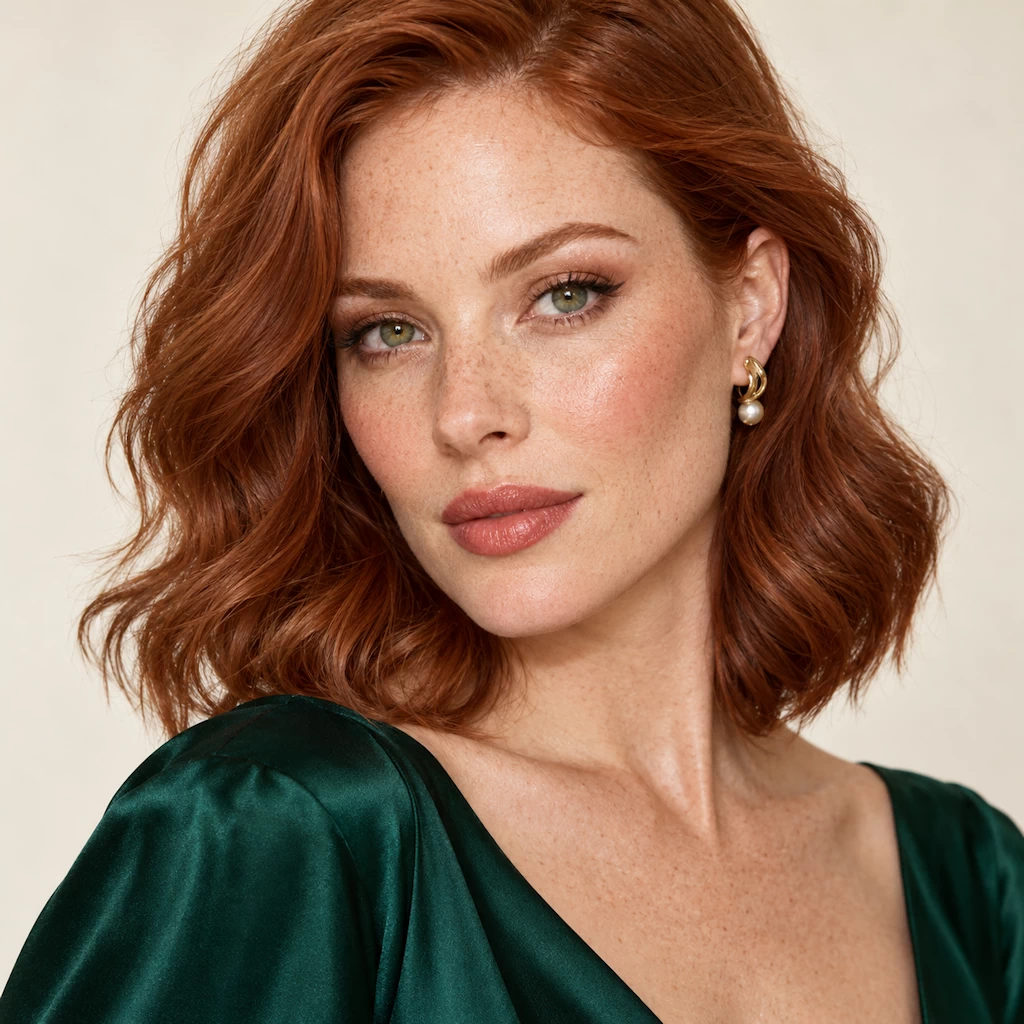 Modelo pelirroja de piel clara con pecas, maquillaje cobre suave y labios rosa melocotón